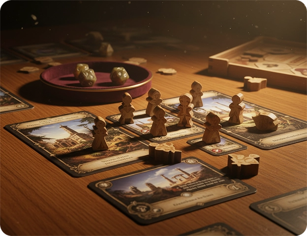 Houten speelstukken en strategische spelkaarten liggen op een tafel uitgestald tijdens een bordspeltoernooi, wat een gezellige en competitieve sfeer creëert voor tactisch spelplezier.